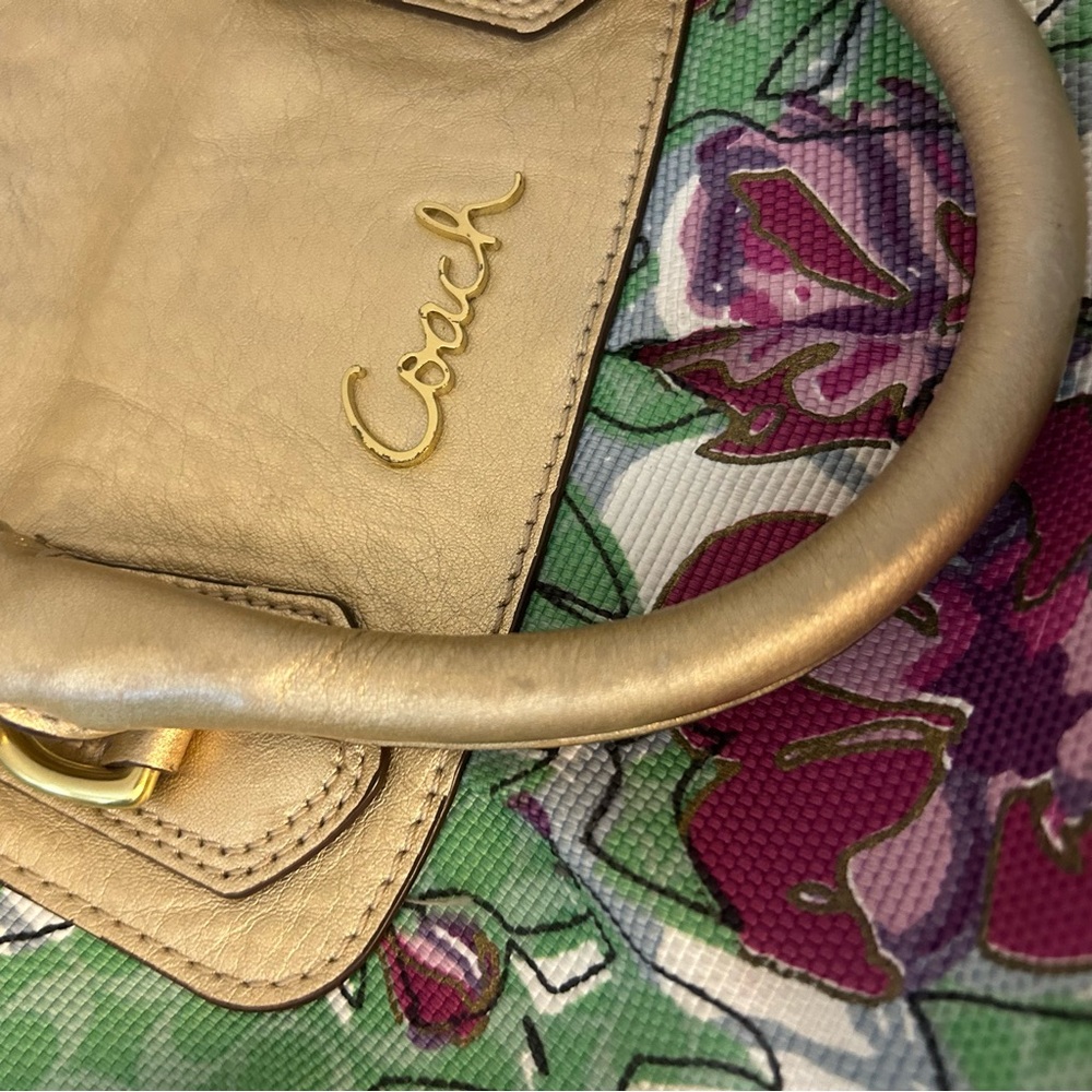 Coach Ashley Floral Gold, Green and Purple Women's Shoulder Bag Satchel Purse - Picture 7 of 16